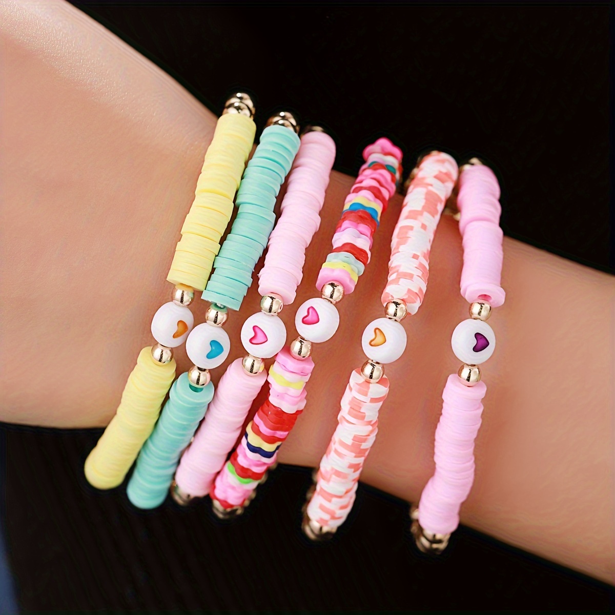 Macaron Heart Soft Clay Bracelet Set for Women - 6pcs